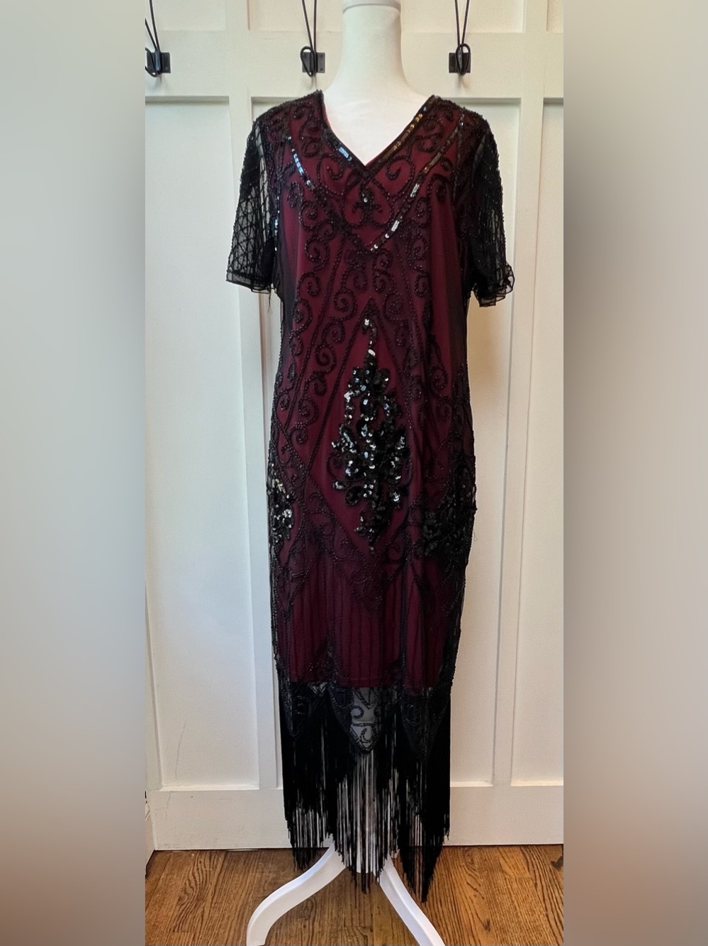 Womens Size XXL Midi Dress Fully Beaded Red Black Fringe Whimsigoth Boho Flapper